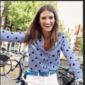 New Boden Virginie Ruffle Blouse, Blue and White, Dotted and striped, size US 14